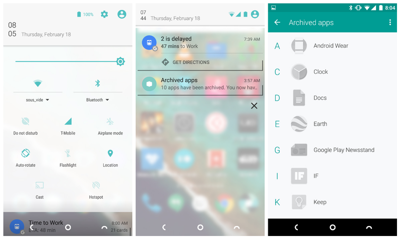 From left to right: Robin’s reworked settings pan, the notifications menu, and a list of archived apps currently stored in cloud.